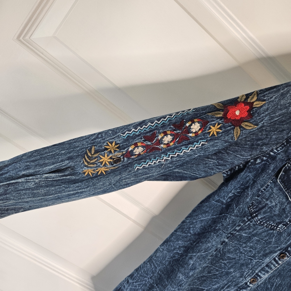 Nostalgia Embroidered Denim Duster Jacket - French Knot Details - Size S - Picture 5 of 7